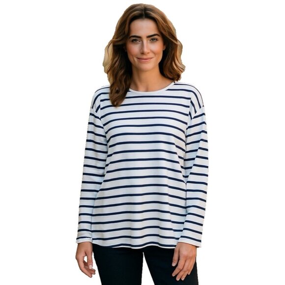 GAP Womens Soft Slub Scoop Neck Long Sleeve T-Shirt (White/Navy Blue, XX-Large) - Picture 1 of 4